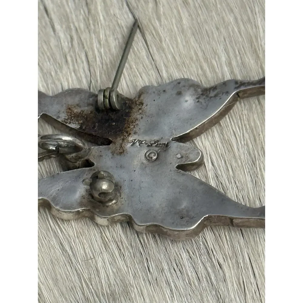 Zuni Sterling Silver VE inlay Butterfly Pendant Pin Turquoise Coral Shell Onyx